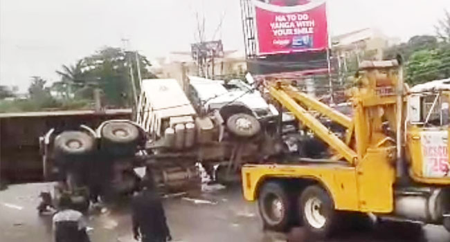 Driver Injured, Emergency Teams Mobilized After Gas Truck Overturns in Lagos