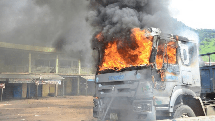 Angried Mob Sets Two Dangote Trucks On Fire