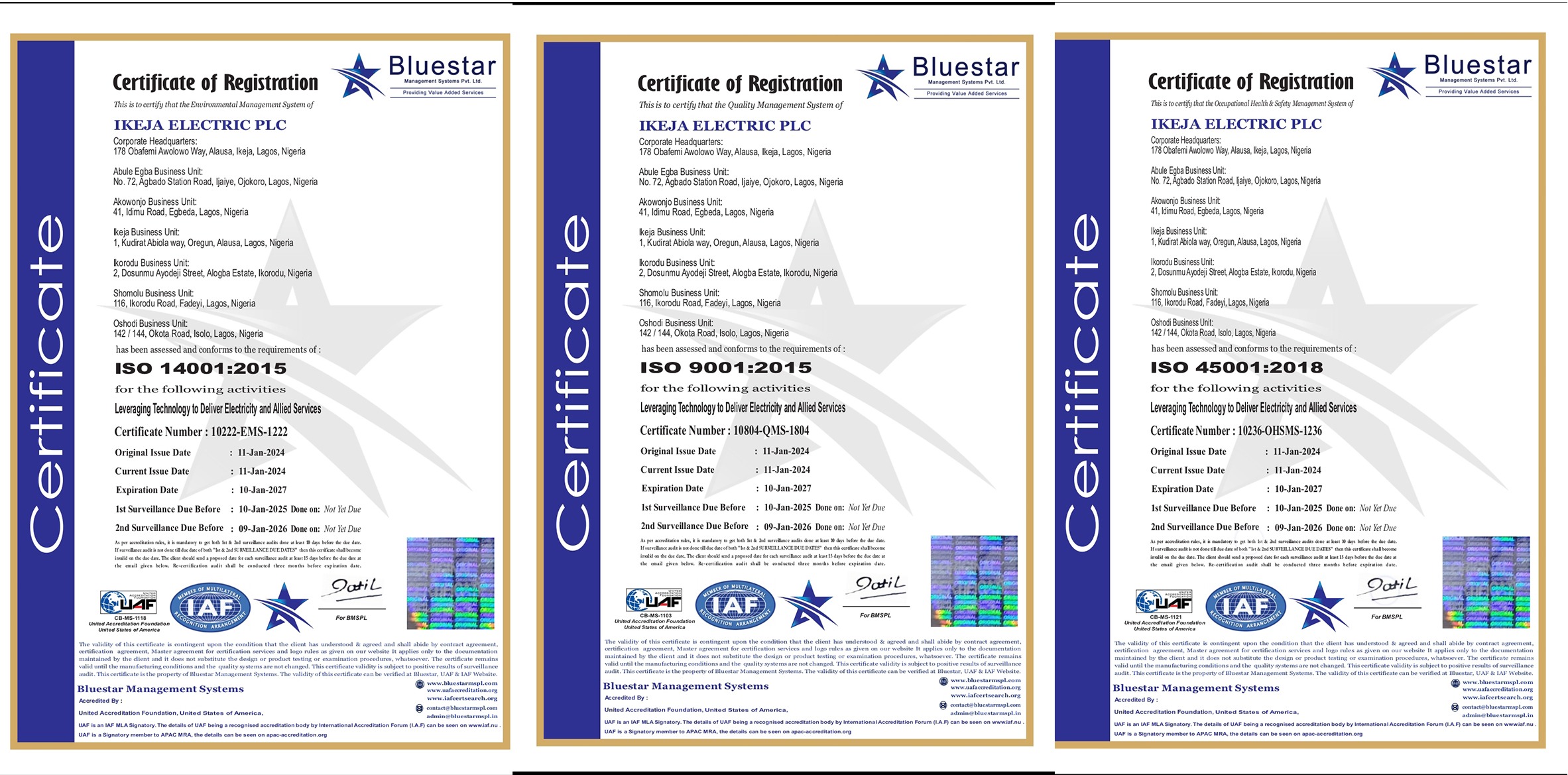 Certificate of Registration to IKeja Electricity PLC